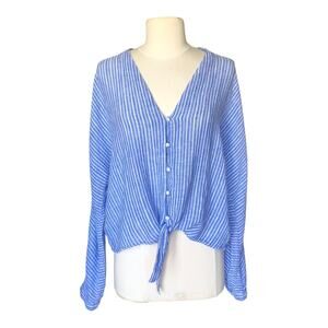 Rails Sloane Linen Blue Azure Stripe Front Tie Top Shirt Women's Size Large